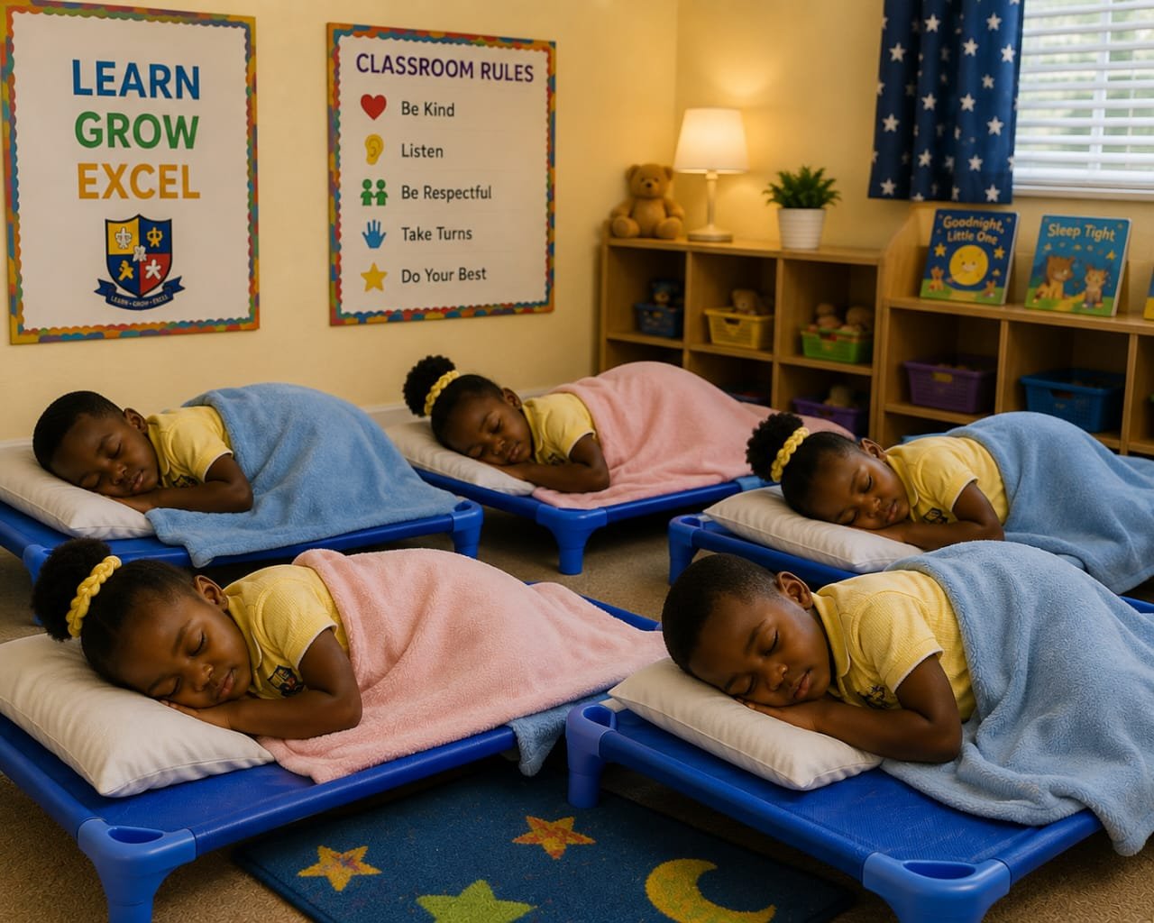 EBLIS creche pupils resting at nap time, tucked in under blankets