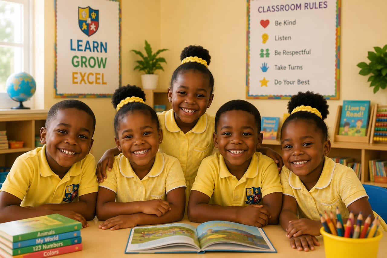 EBLIS pupils smiling together with their books and colouring pencils at their desk