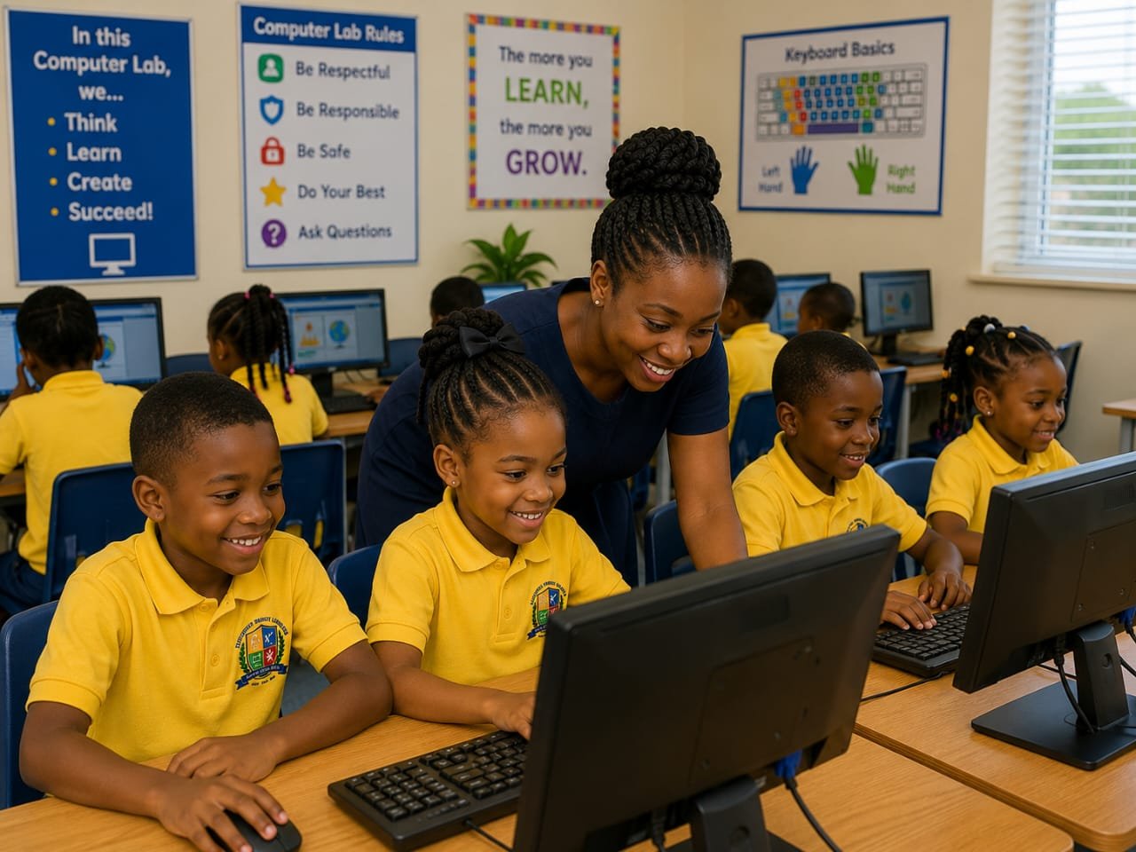 An EBLIS teacher guiding pupils at the computer lab